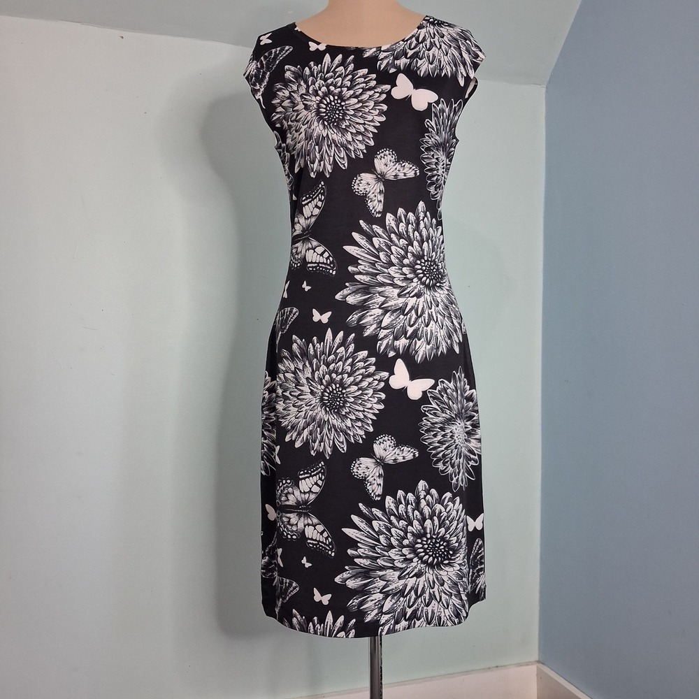 Nally & Millie Womens Dress Xs Black White‎ Floral Butterfly Sheath Cap Sleeve